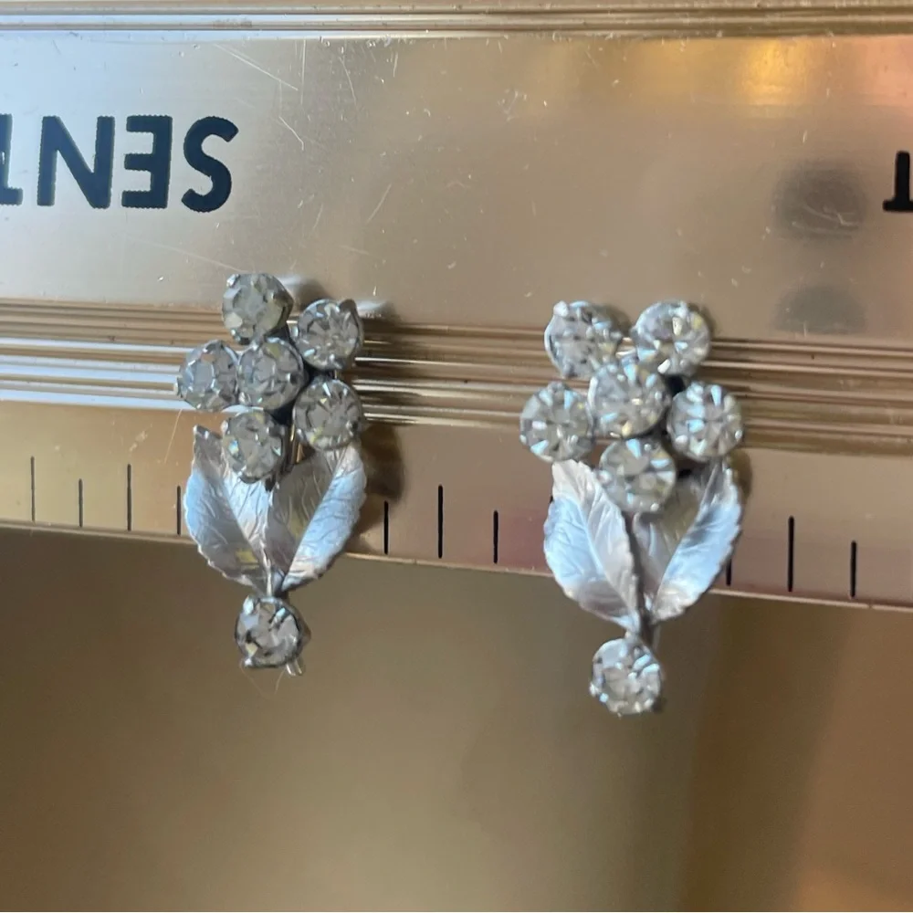 Vintage Silver Flower Crystal Clip-On Earrings